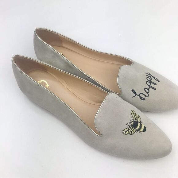 C Wonder Creamy Taupe Suede Leather Be Happy Embroidered Ballet Slipper Flats - Picture 2 of 16